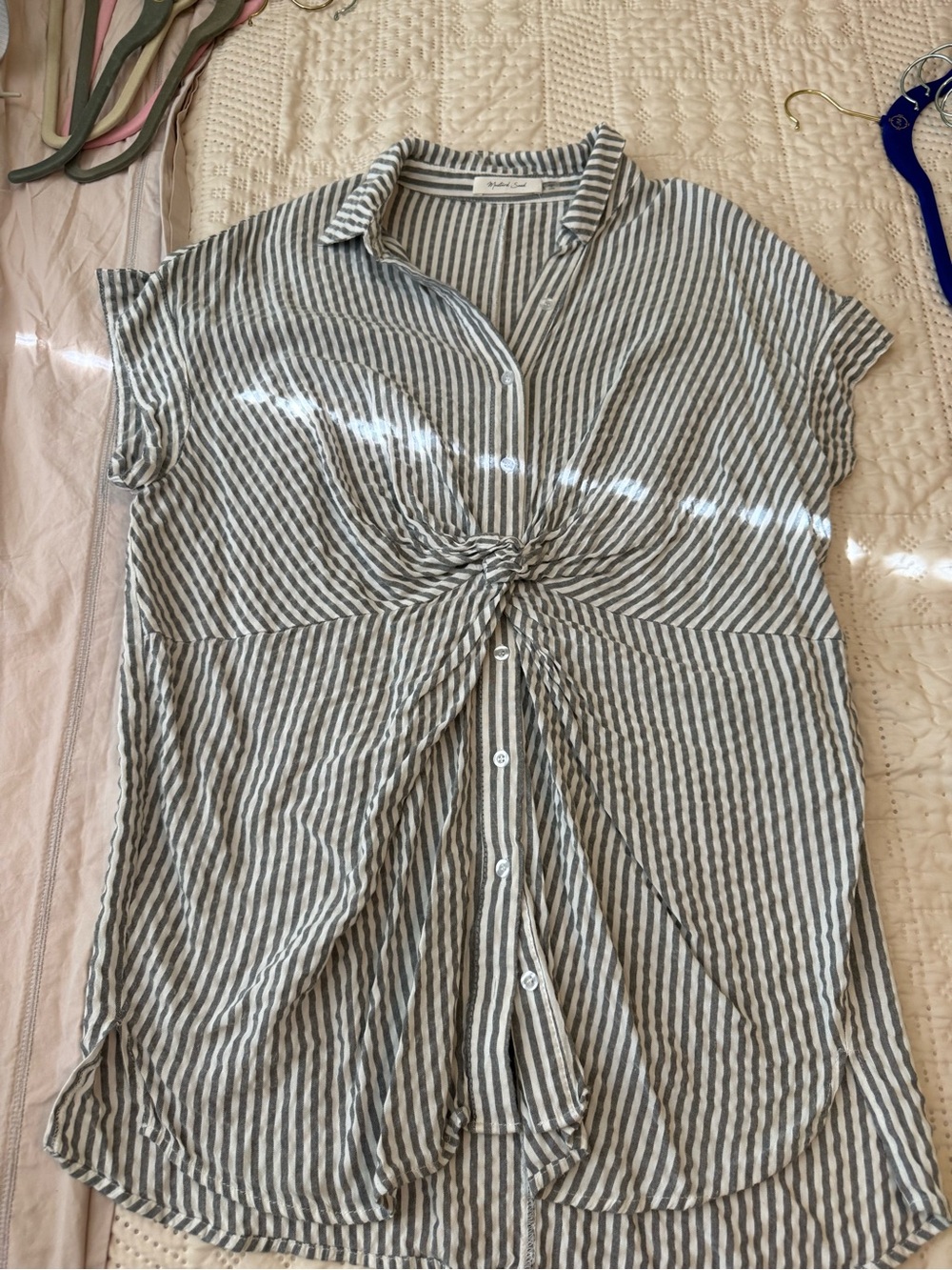 Mustard Seed Gray and White Striped Twist-Front Button Down